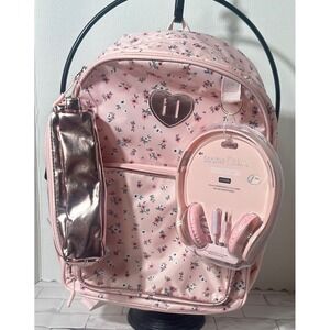 Locker Club Pink Floral Backpack Headphones and Pencil Case 3 Piece Set New
